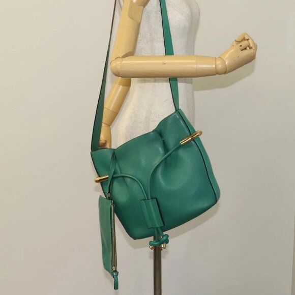 Chloe Emma Shoulder Bag Leather Green Gold Auth - Picture 1 of 16